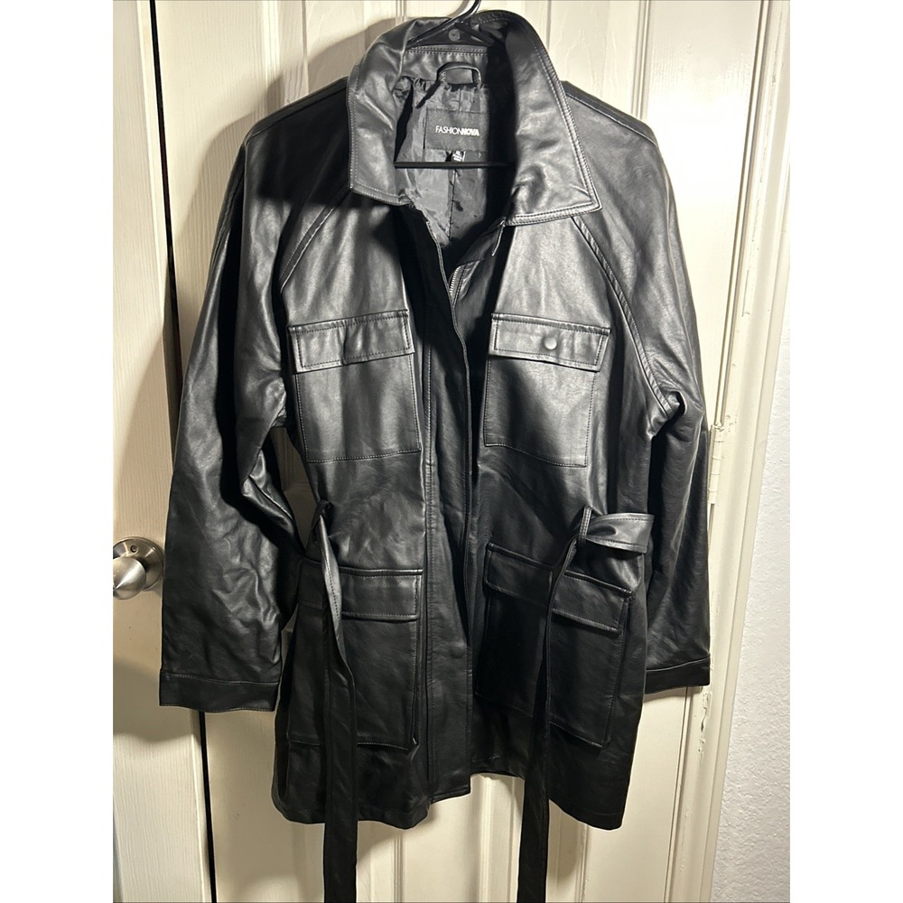 Fashion Nova Faux‎ Leather Coat Women's Size XL Black Pockets Tie